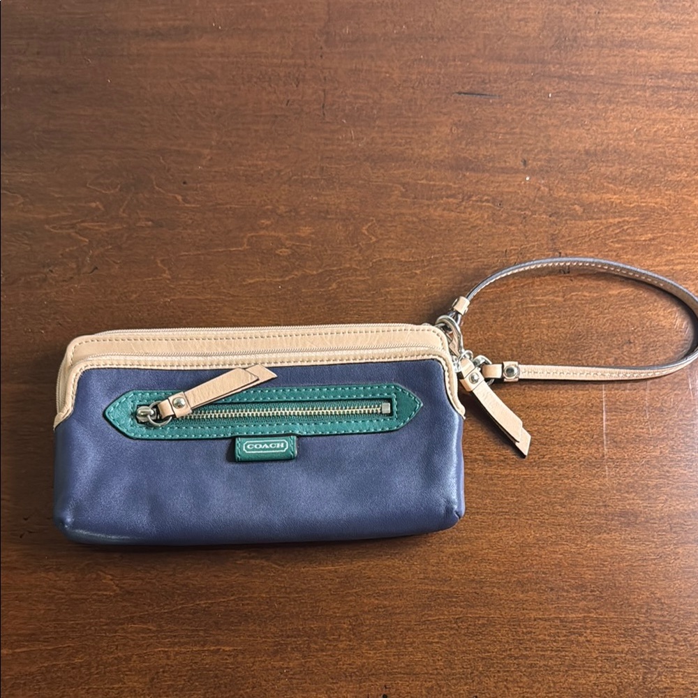 Coach Blue Wristlet with Green Zipper